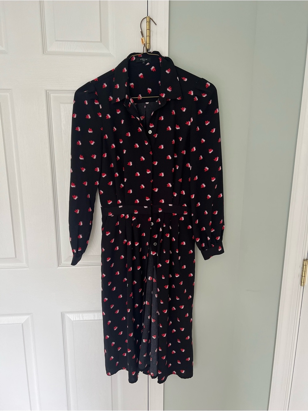 FRNCH Black Long-Sleeve Shirt Dress with Pink Floral Print